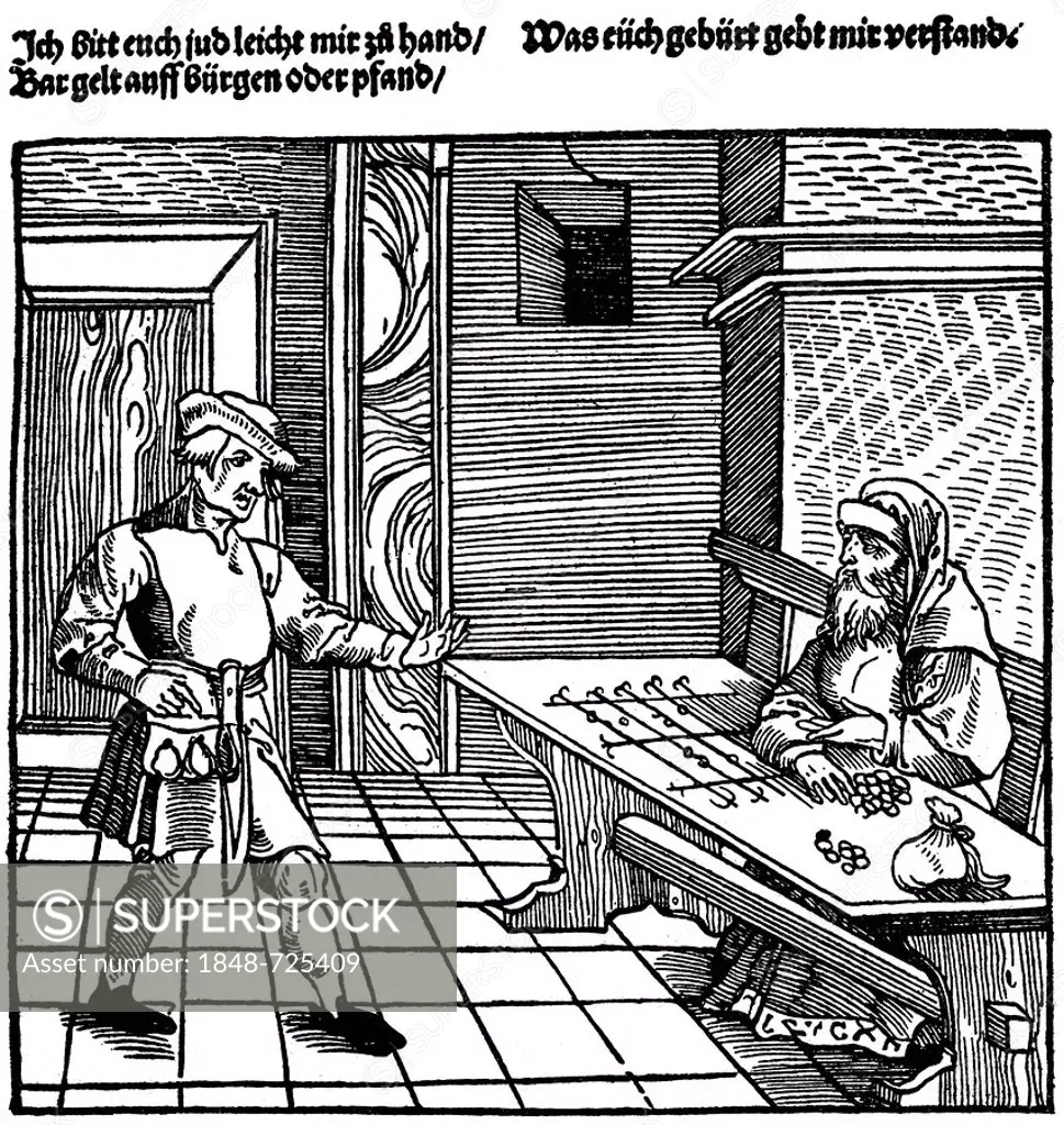 Historical illustration from the 19th century, a farmer and a Jewish moneylender in the 16th century