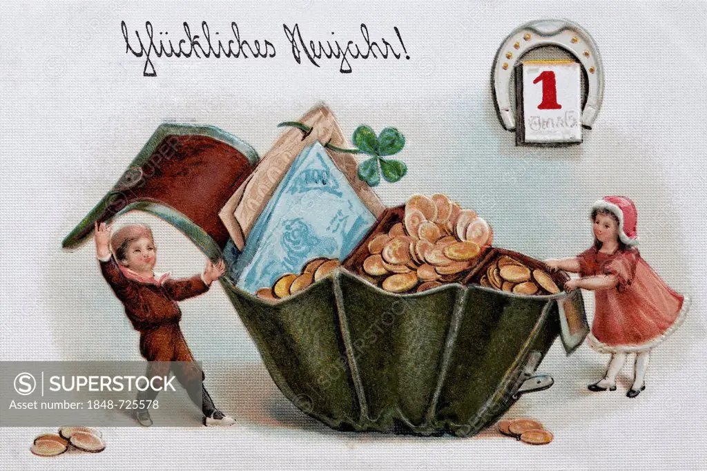 Happy New Year, children opening a purse filled with money, historical postcard, circa 1900