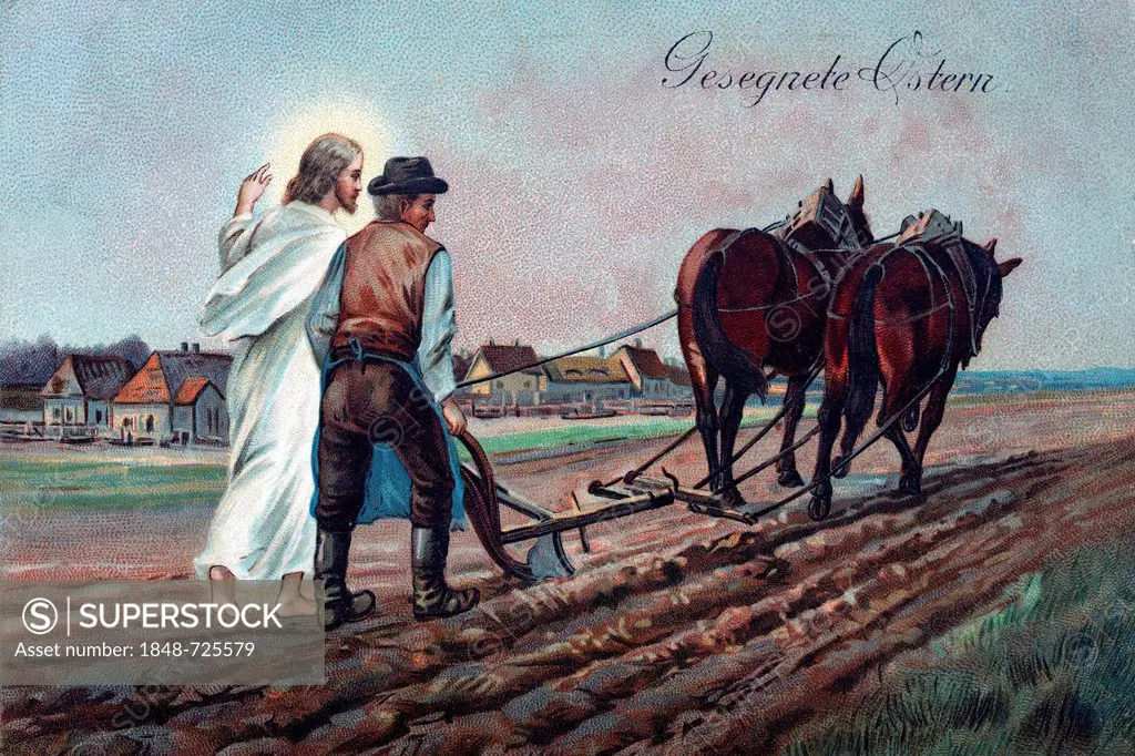 Blessed or Happy Easter, Jesus walking next to a farmer who is plowing a field, historical postcard, circa 1900, kitsch