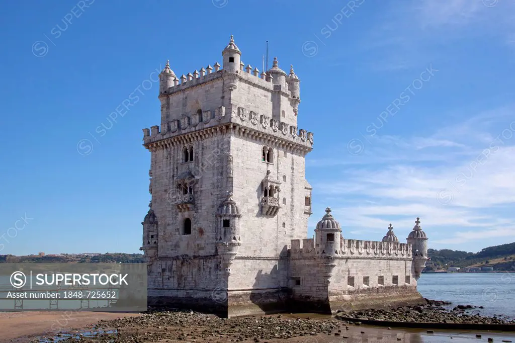 Torre de Belem, fortifications from the 16th Century, UNESCO World Heritage Site, at the mouth of the Rio Tejo River in the district of Belem in Lisbo...