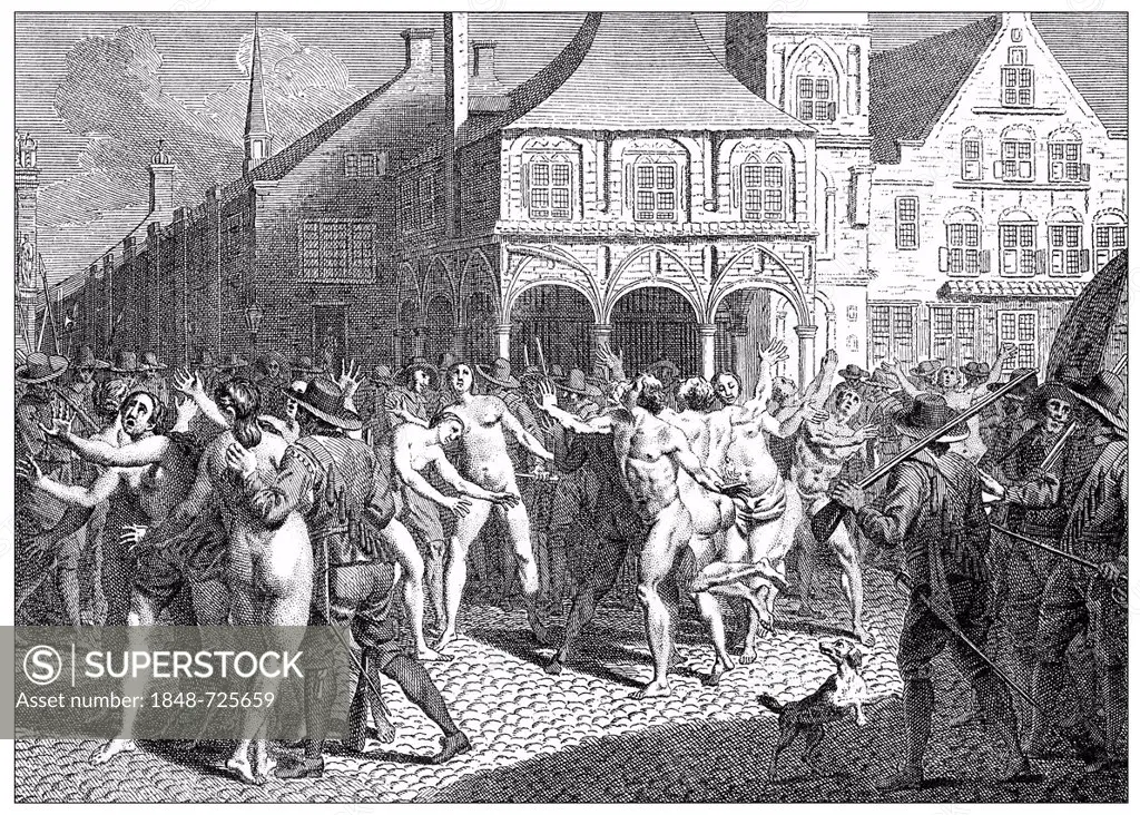 Historical illustration from the 19th Century, depiction of the arrest of Adamites in the 16th Century