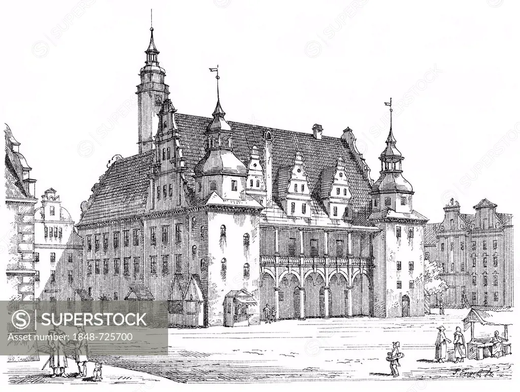 Historical architectural illustration from the 19th Century, 1873, facade in the Renaissance style, City Hall, Brzeg or Brieg, a town in Silesia, Pola...