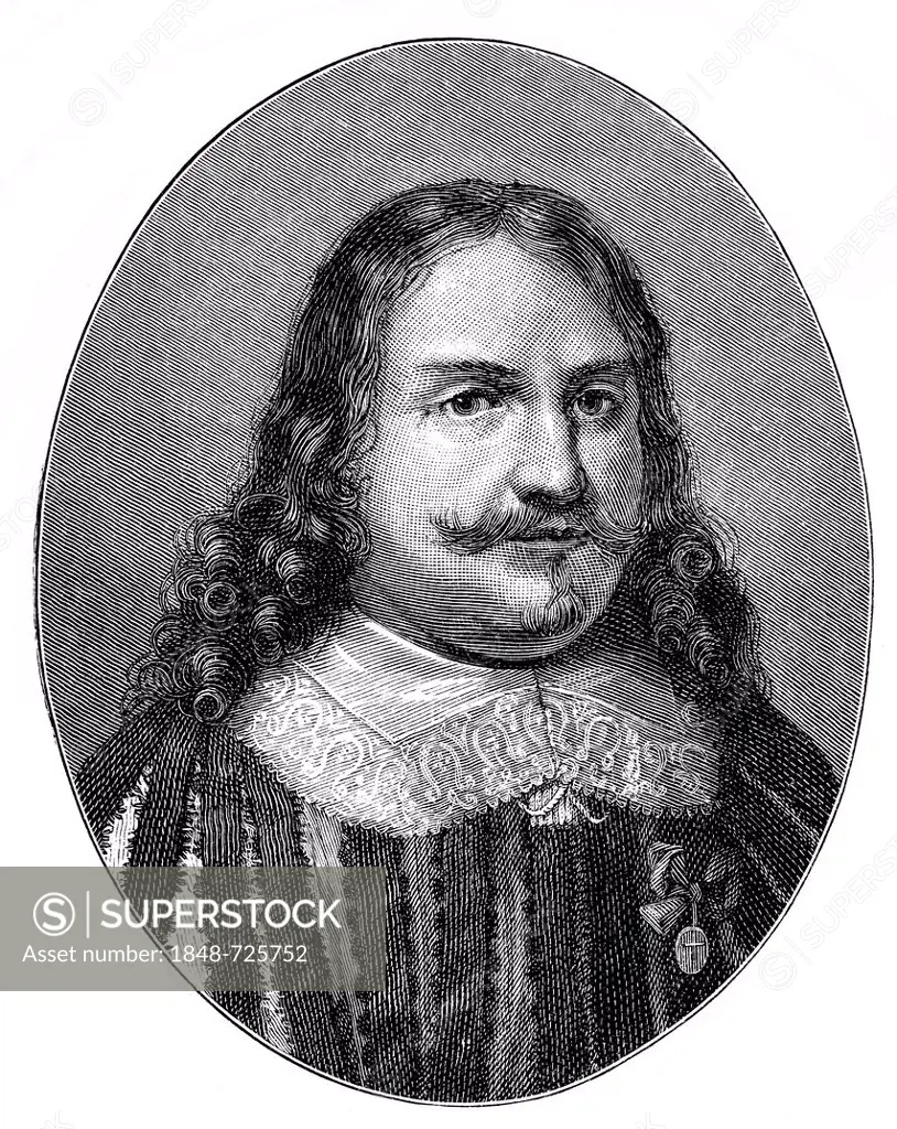 Historical illustration from the 19th century, portrait of Fulvio Testi, 1593 - 1646, an Italian diplomat and poet of Baroque literature of the 17th c...