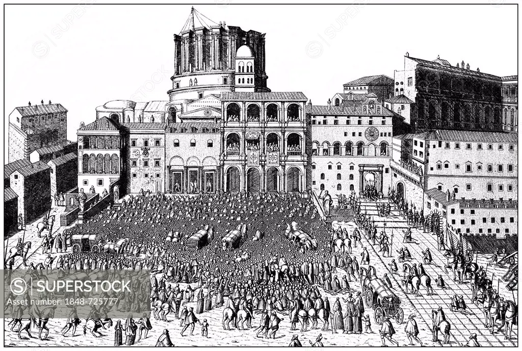 Historical illustration from the 19th Century, the Pope giving his blessing at the Vatican in front of the unfinished St. Peter's Basilica in the 16th...
