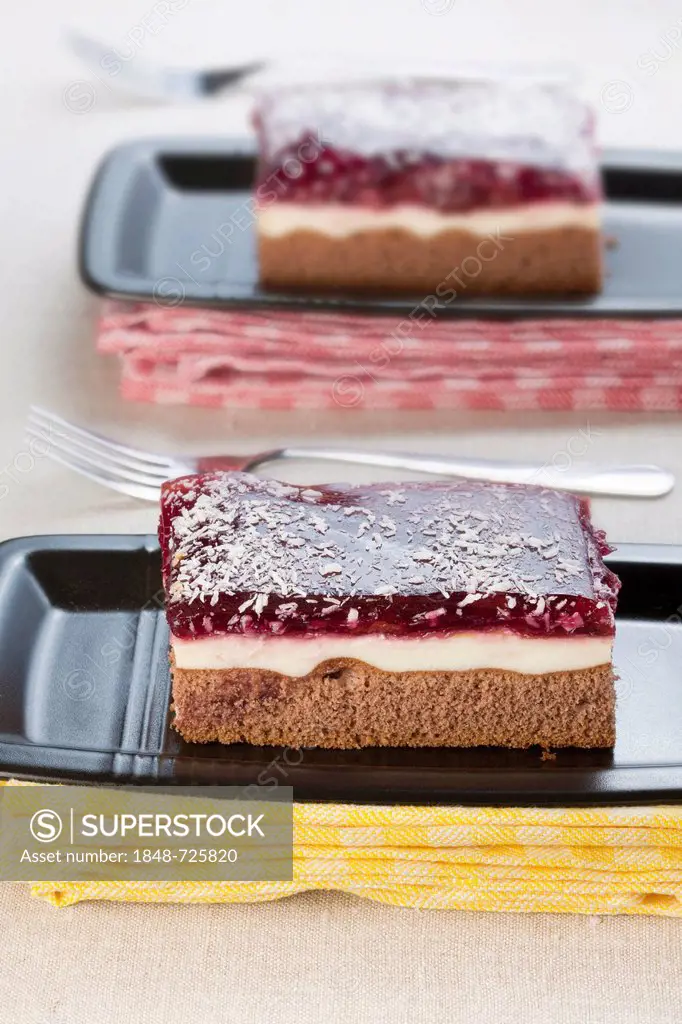 Two slices of cake, chocolate with cream and fruit topping