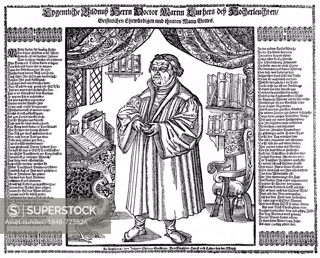 Historical illustration from the 19th Century, the Reformation Augsburg leaflet from the 16th Century with Martin Luther