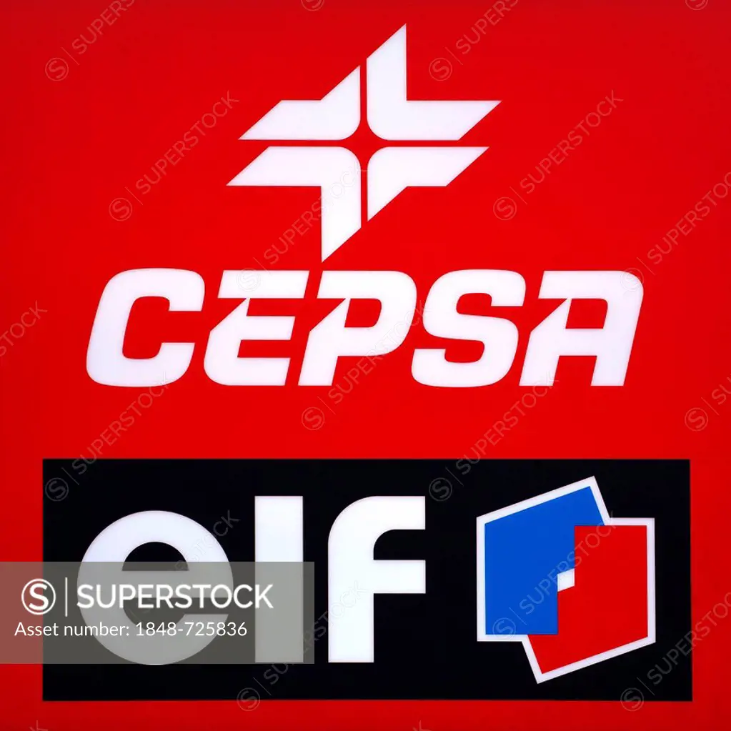 Logos and logotypes of the Spanish oil company Cepsa, Compania Espanola de Petroleos, and the French oil company Elf, which is part of the Total Group...