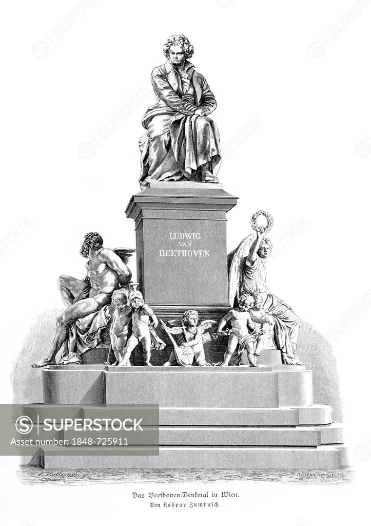 The Beethoven monument in Vienna, Austria, historical woodcut from 1880