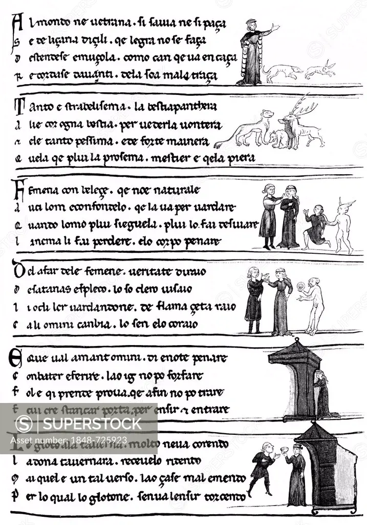 Historical illustration from the 19th Century, a page from Sayings about the nature of women, Latin text from the 13th Century