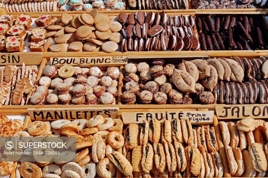 Market stall with various types of pastries, Sault, Vaucluse, Provence-Alpes-Cote d'Azur, Southern France, France, Europe, PublicGround