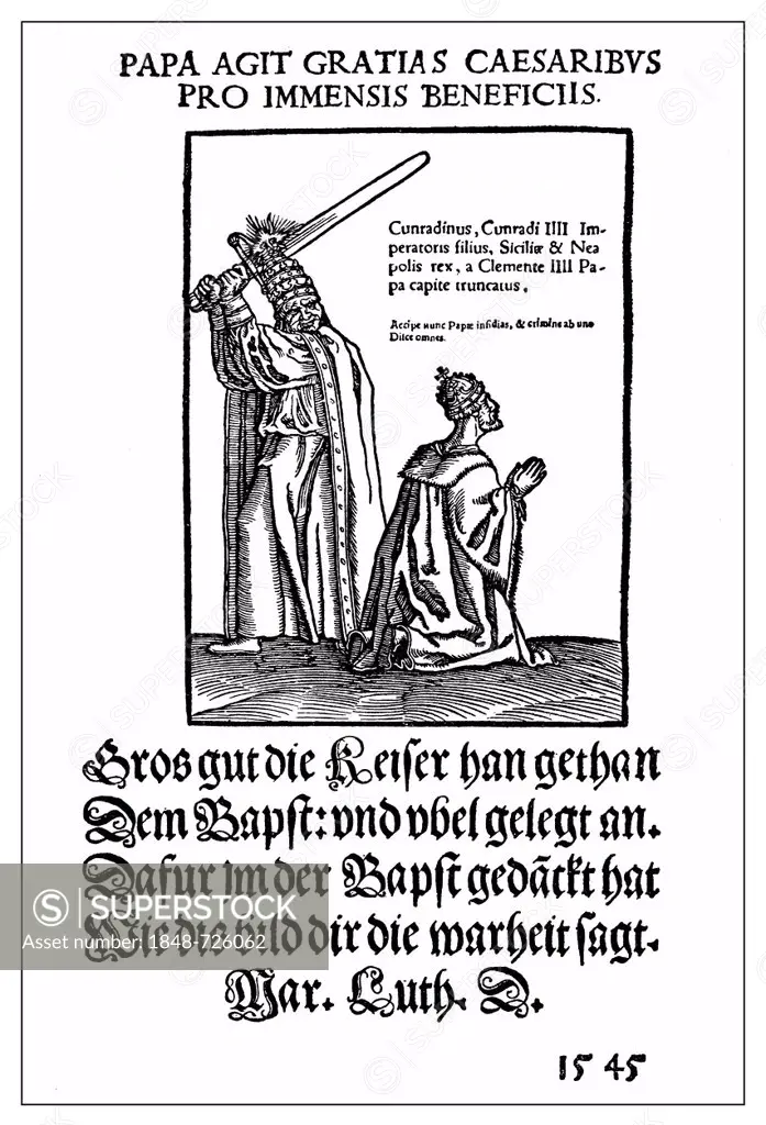 Historical satirical pamphlet on the papacy from 1545, the Pope beheading the emperor, from Lucas Cranach and Martin Luther