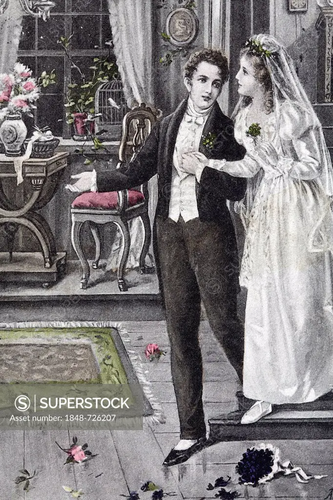 Bride and groom entering their apartment, historical postcard, circa 1900, kitsch