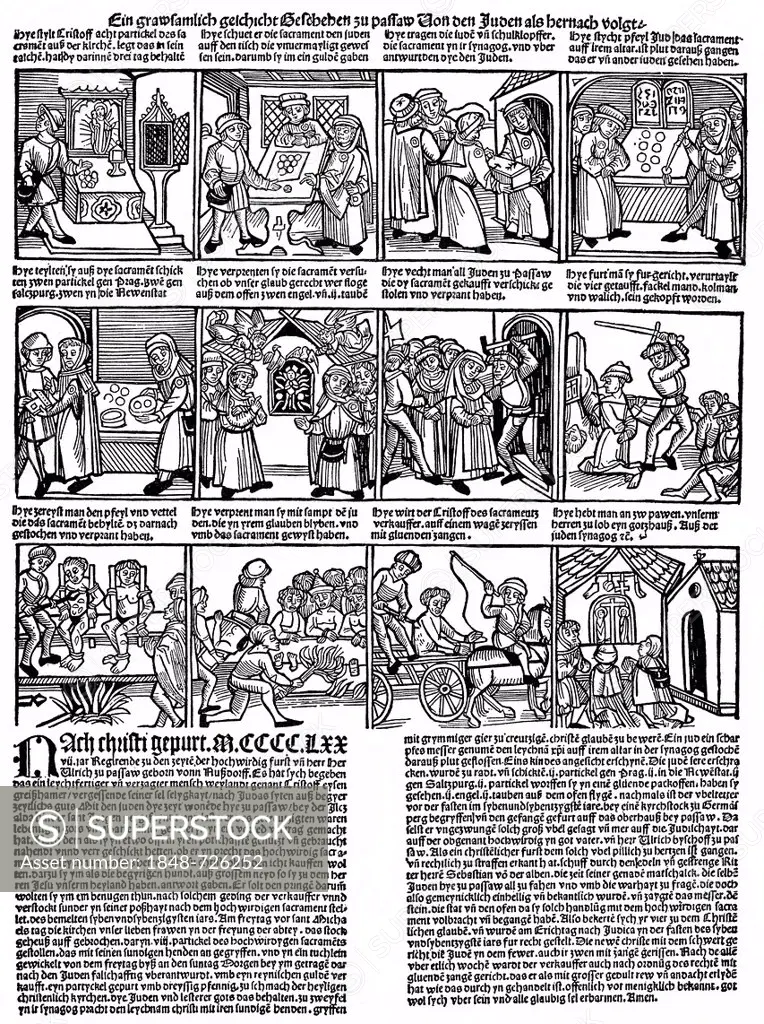 Historical pamphlet, 1480, from the alleged theft of the Host by the Jews of Passau, Christian anti-Judaism or anti-semitism in the 15th Century in Ge...