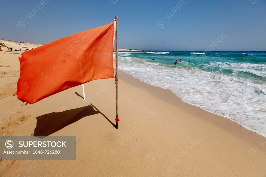 Red warning flag on a beach, bathing is prohibited due to an undercurrent, Fuerteventura, Canary Islands, Spain, Europe
