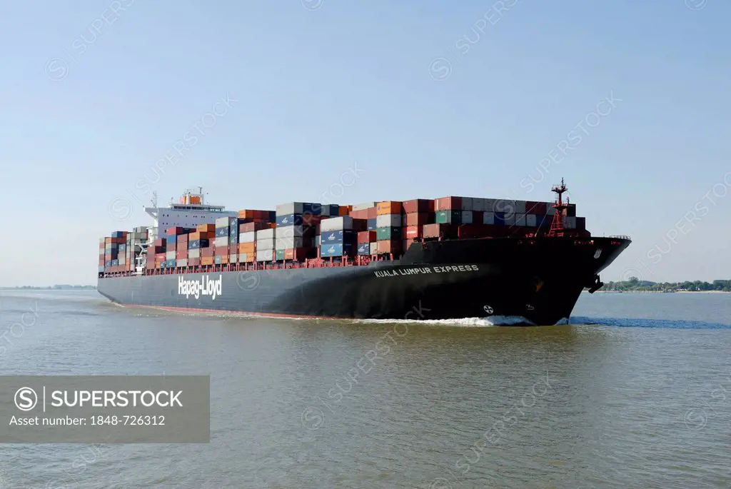 Container ship on the Elbe River, Schleswig-Holstein, Germany, Europe