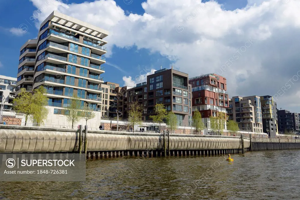 Residential and commercial buildings at Dalmannkai waterfront, Grasbrookhafen harbour, HafenCity quarter, Hamburg, Germany, Europe