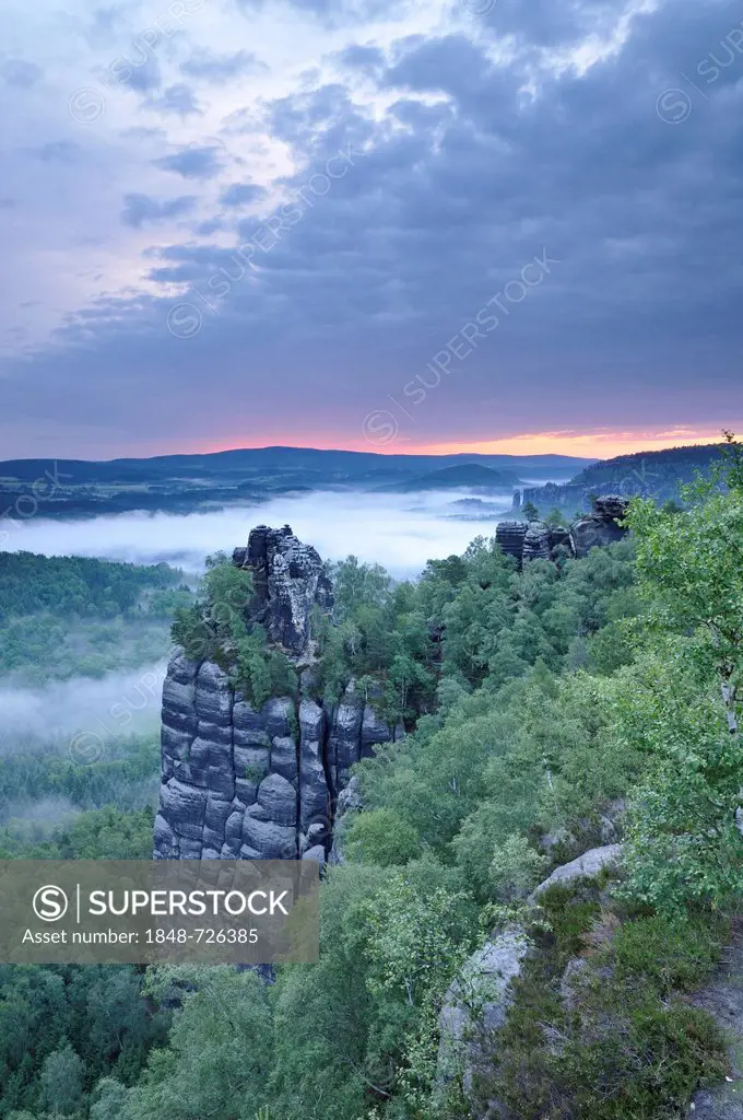 View from Schrammsteine rocks, viewpoint, with morning fog, Saxon Switzerland, Elbe Sandstone Mountains, Saxony, Germany, Europe