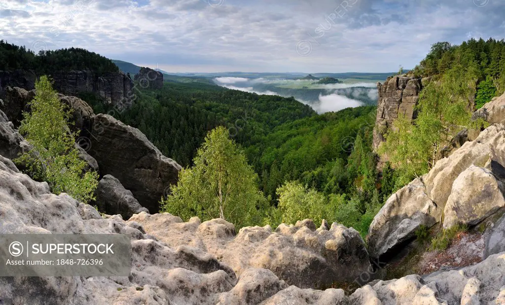 View of the Elbe river valley from the Malerweg hiking trail, Saxon Switzerland, Elbe Sandstone Mountains, Saxony, Germany, Europe