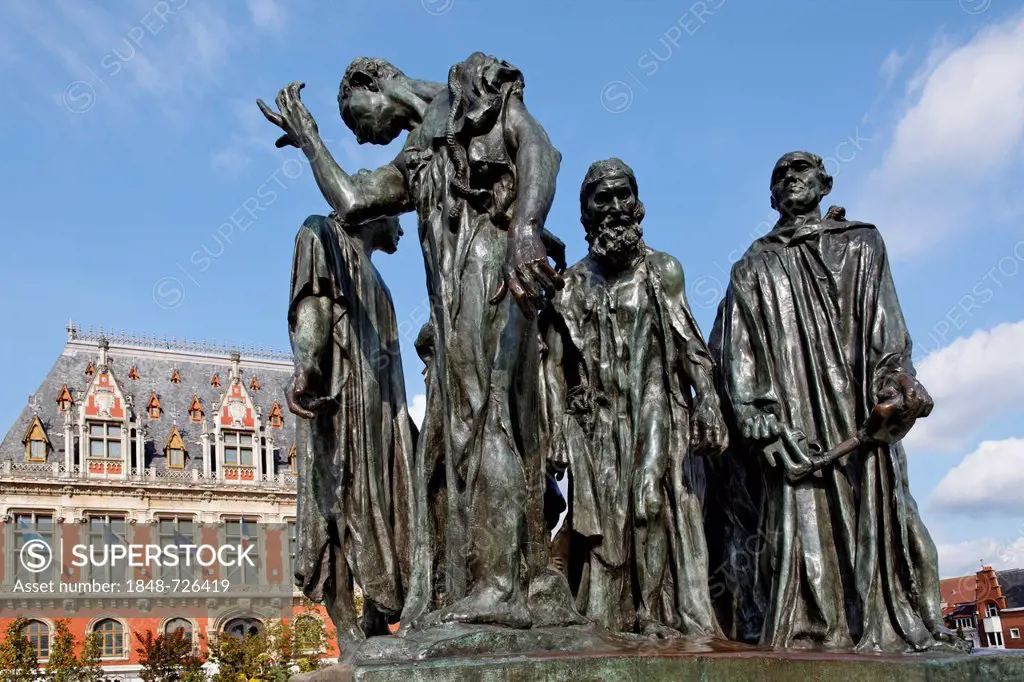 Sculptures by Auguste Rodin, The Burghers of Calais, on the Place de l'Hôtel de Ville square in Calais, Nord-Pas-de-Calais region, France, Europe