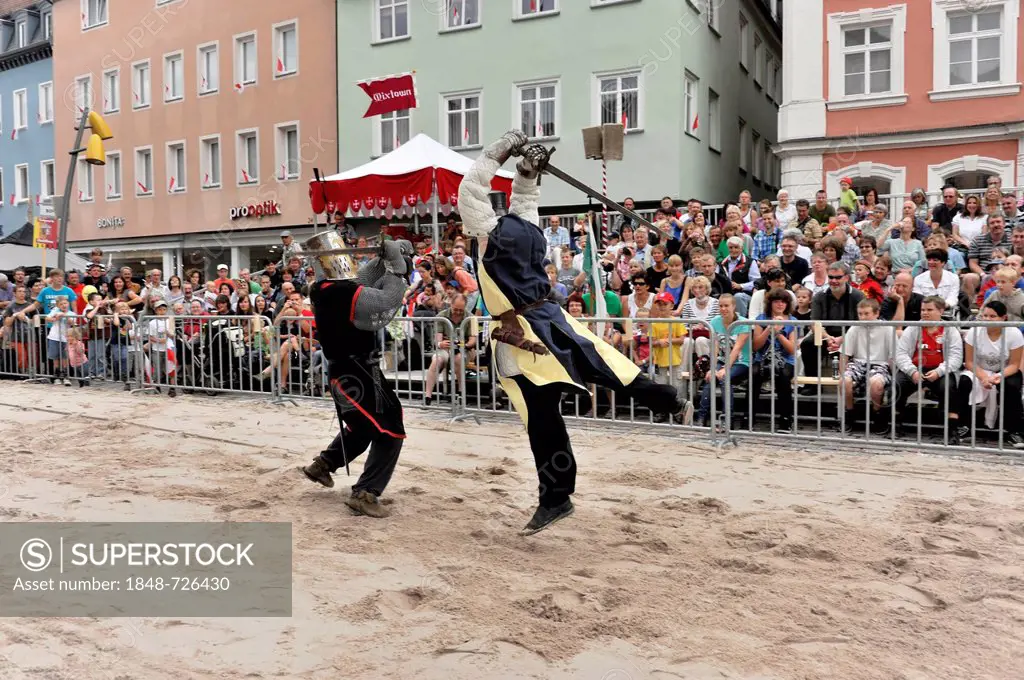 Knight's tournament of Armati Equites, market square, Schwaebisch Gmuend, 850th anniversary of Gmuend, Schwaebisch Gmuend, Baden-Wuerttemberg, Germany...