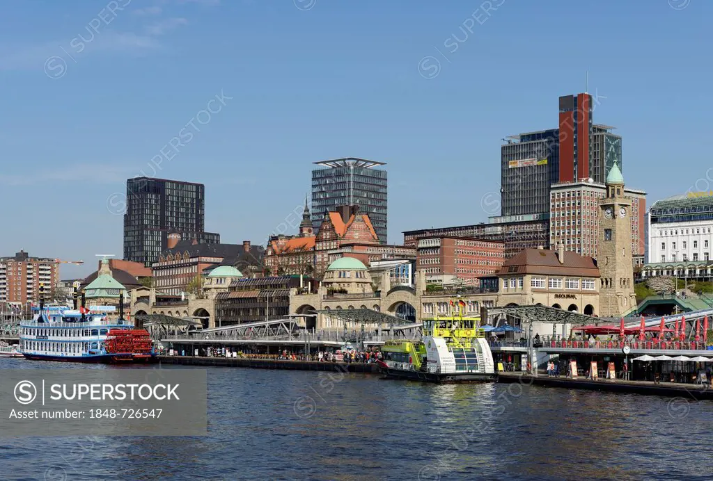 Steamers, ferry, level tower, Hamburg harbor, St. Pauli Landing Stages, Hamburg, Germany, Europe
