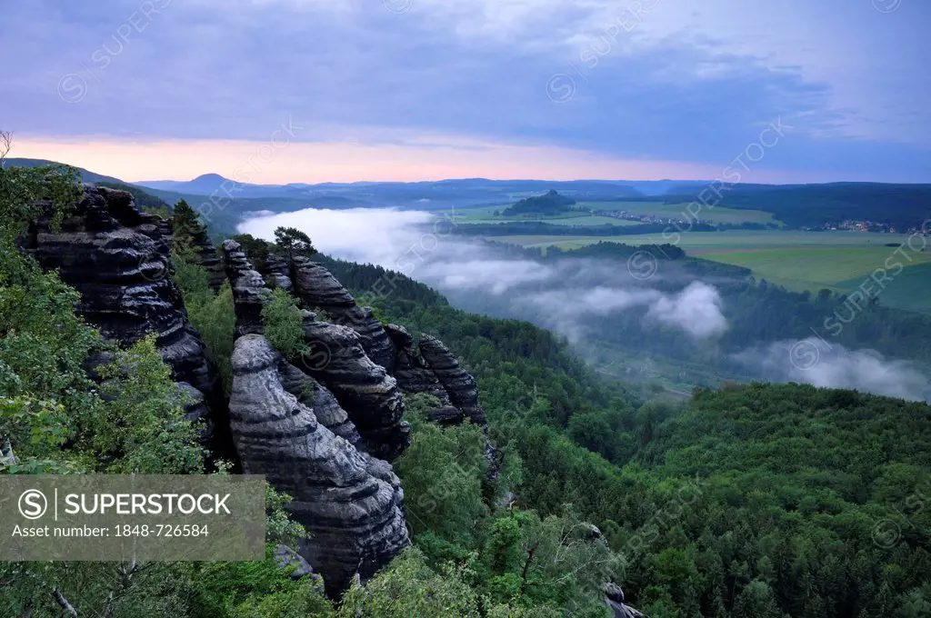 View from Schrammsteine rocks, viewpoint, with morning fog, Saxon Switzerland, Elbe Sandstone Mountains, Saxony, Germany, Europe