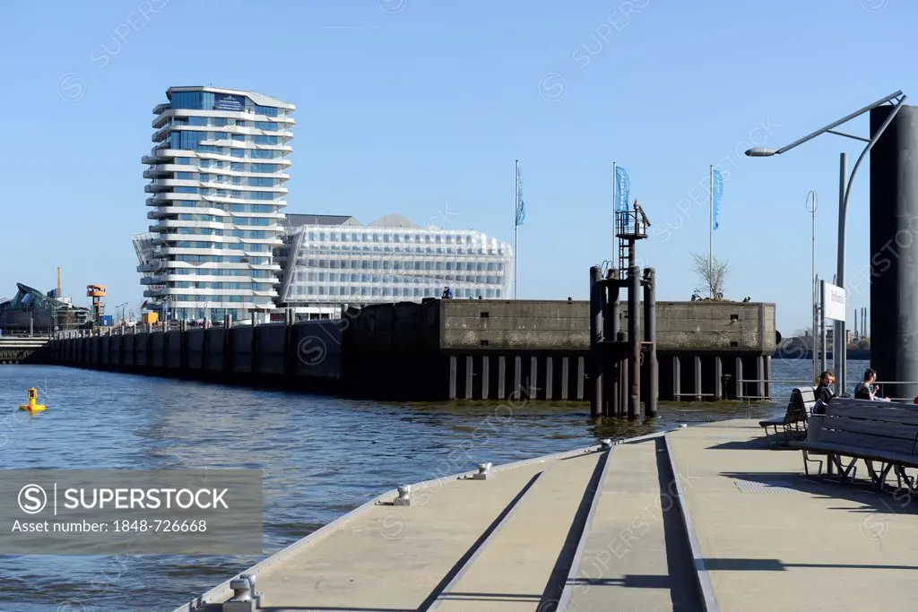 View from the Elbe Philharmonic Hall pier on the Marco-Polo-Tower and Unilever building, Ueberseequartier, Strandkai, Grasbrookhafen, HafenCity, Hambu...