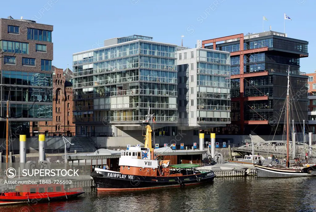 Sailing ship and tug Fairplay VIII in the historic harbor, modern residential and office buildings, Sandtorkai, Sandtorhafen, Harbour City, Hamburg, G...