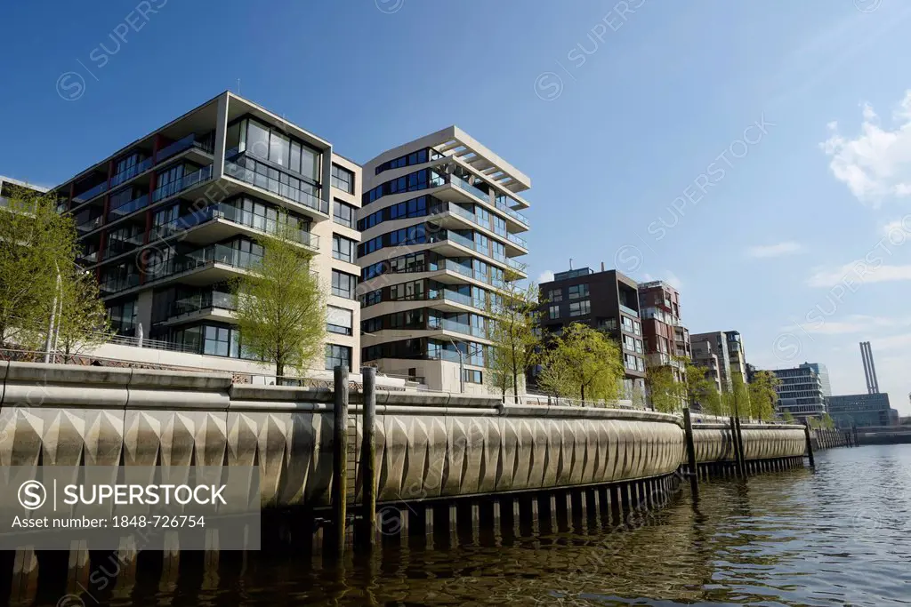 View of residential and commercial buildings at Dalmannkai, Grasbrookhafen, HafenCity, Hamburg, Germany, Europe