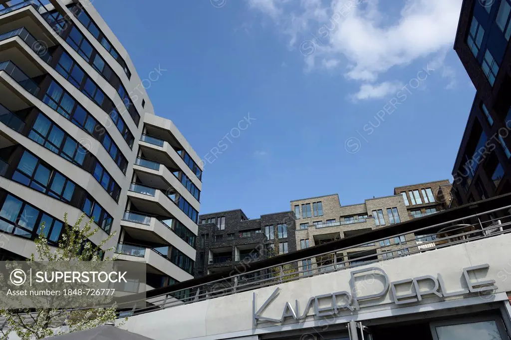 KaiserPerle, bistro, residential and commercial buildings at Dalmannkai waterfront, Grasbrookhafen harbour, HafenCity quarter, Hamburg, Germany, Europ...