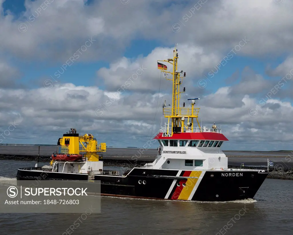 Maritime police boat, Norden, Lower Saxony Wadden Sea, Norddeich, East Frisia, Lower Saxony, Germany, Europe