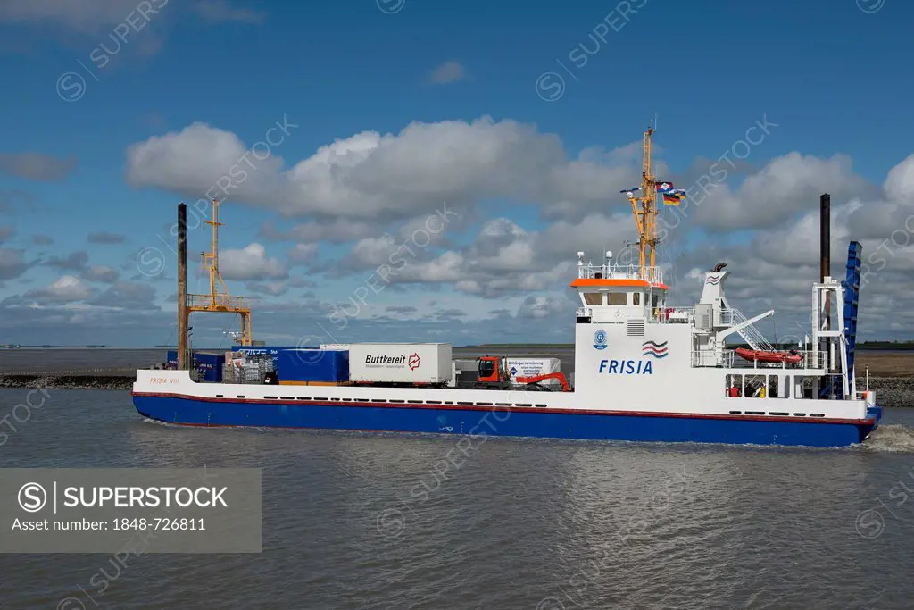 Frisia VIII, cargo ship for the supply of Norderney and Juist, Lower Saxony Wadden Sea, East Frisia, Lower Saxony, Germany, Europe