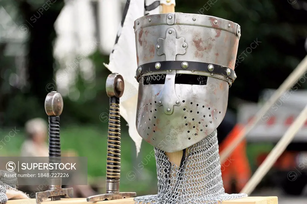 Knight's helmet, chain armour, medieval camp, Stauferlager camp, 850th anniversary of Gmuend, Schwaebisch Gmuend, Baden-Wuerttemberg, Germany, Europe