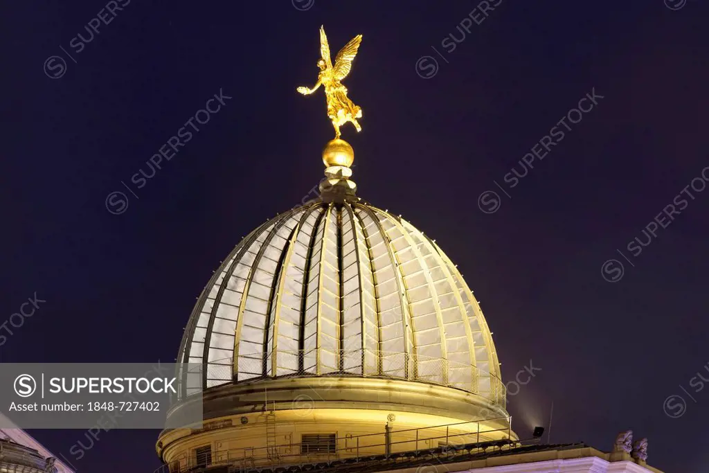 Dome of the Dresden Academy of Fine Arts, also called lemon squeezer, at night, Dresden, Saxony, Germany, Europe
