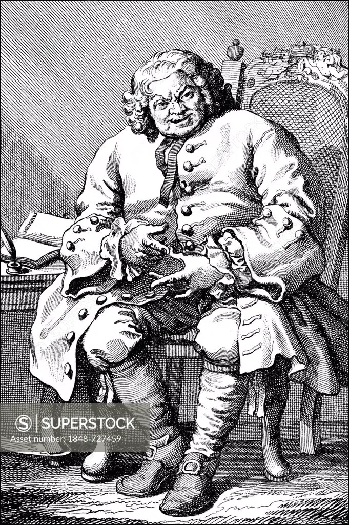 Portrait of Simon Fraser, 11th Lord Lovat, 1667 - 1747, a Scottish clan leader of the 18th century, drawing by William Hogarth, 1697 - 1764, a sociocr...