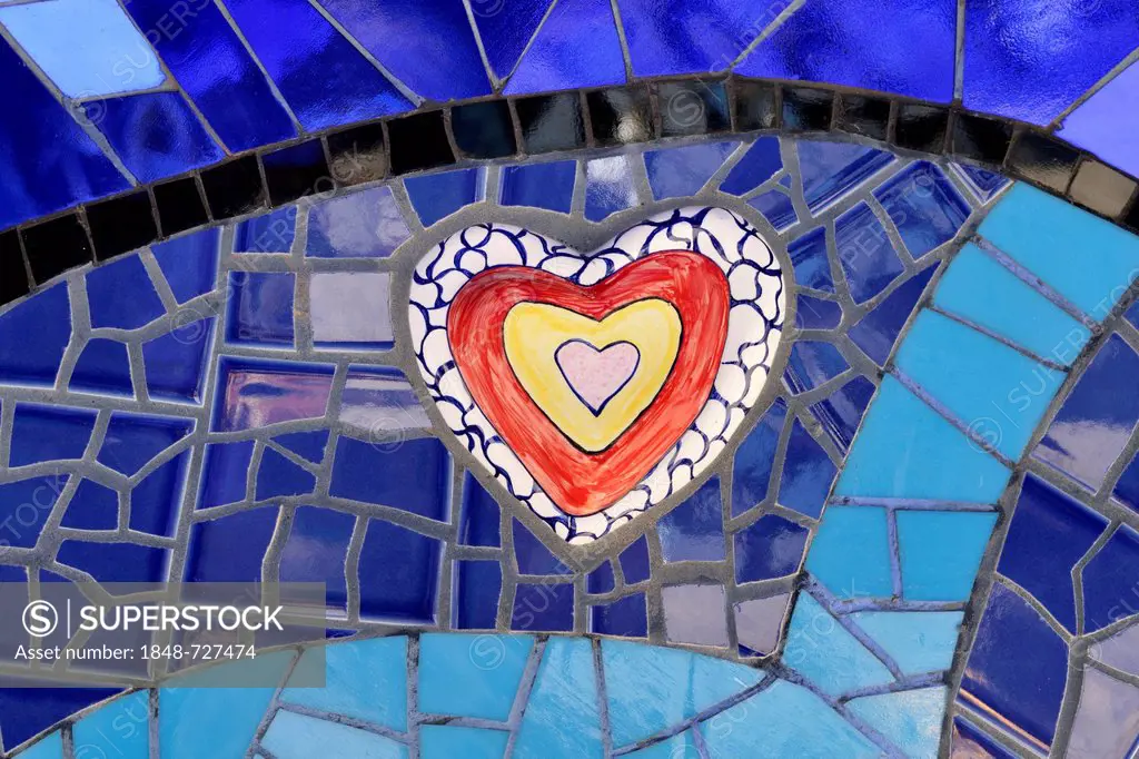 Heart, detailed view of a mosaic, Queen Califa's Magical Circle, late work of French sculptor Niki de Saint Phalle, Kit Carson Park, Escondido near Sa...