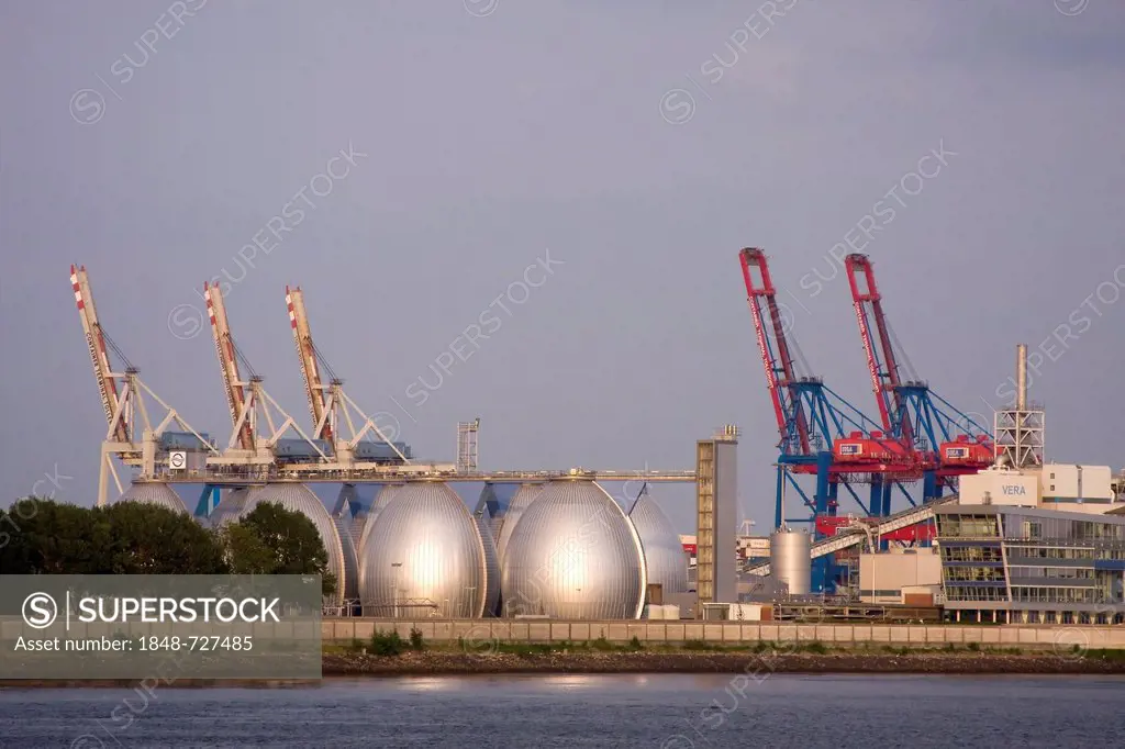 Digesters at the Koehlbrandhoeft sewage treatment plant, Koehlbrand, Port of Hamburg on the Elbe, Hamburg, Germany, Europe