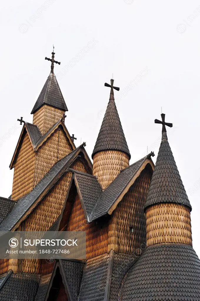 Historical wooden church, three spires, crosses, stave church of Heddal, Telemark, Norway, Scandinavia, Northern Europe, Europe