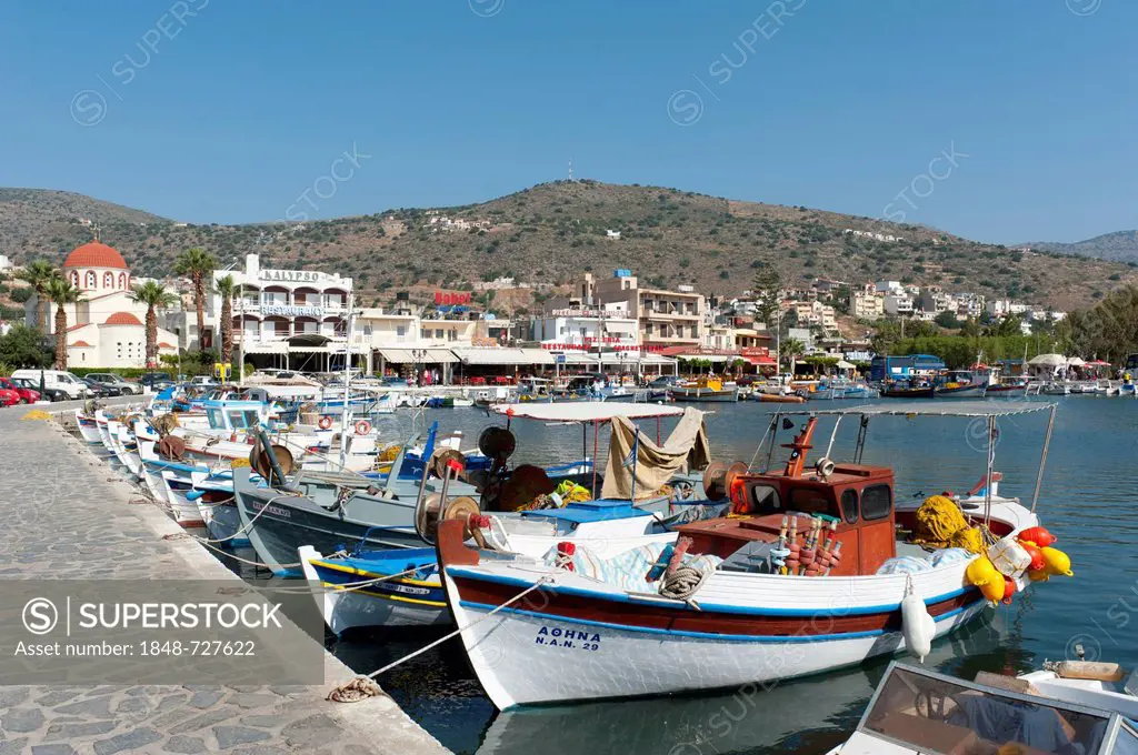 Port, fishing harbour, fishing boats, Elounda, Crete, Greece, eastern Mediterranean Sea, Europe