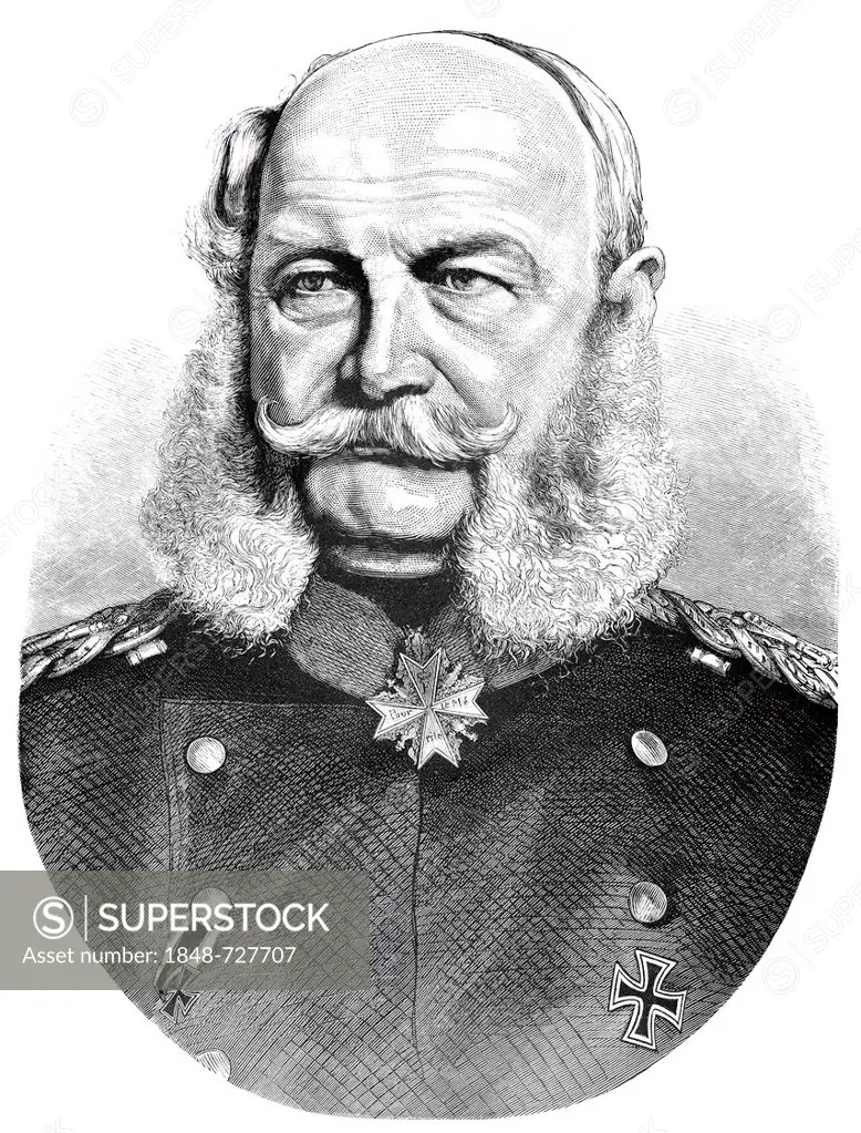 Historical drawing, portrait of Wilhelm I or William I, 1797-1888, from the House of Hohenzollern, king of Prussia and first German emperor
