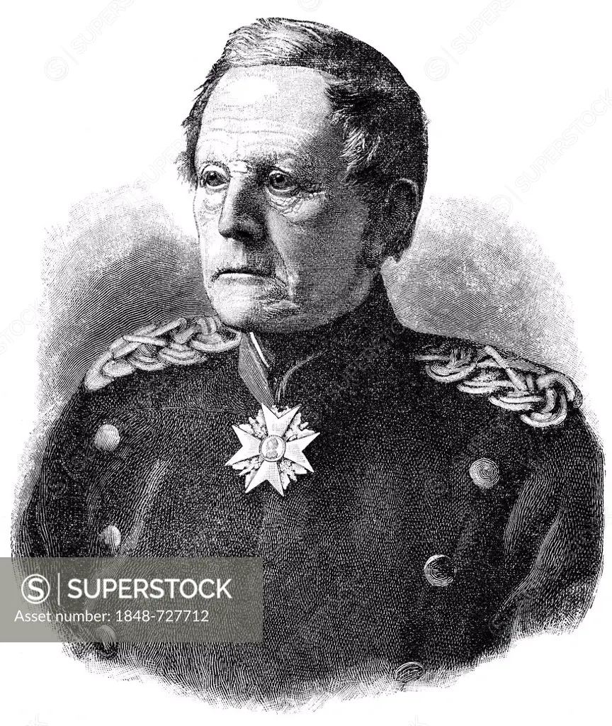 Historical drawing, portrait of Helmuth Karl Bernhard Graf von Moltke, 1800-1891, Prussian Field Marshal in the Franco-Prussian War or Franco-German W...