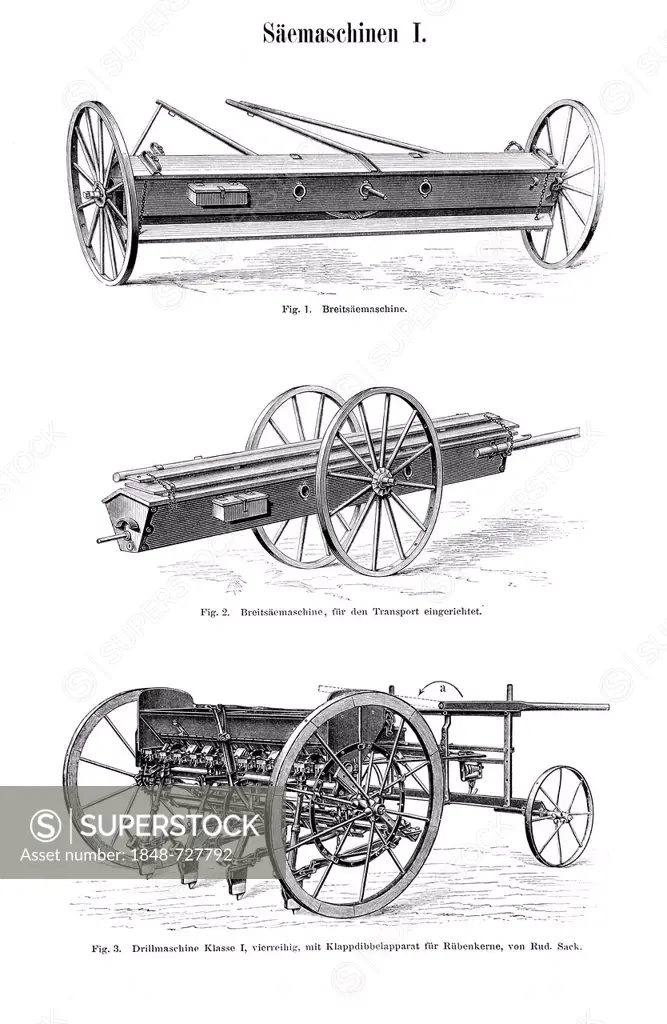 Sowing machines, historic image, Meyers Konversations-Lexikon encyclopedia, 1897