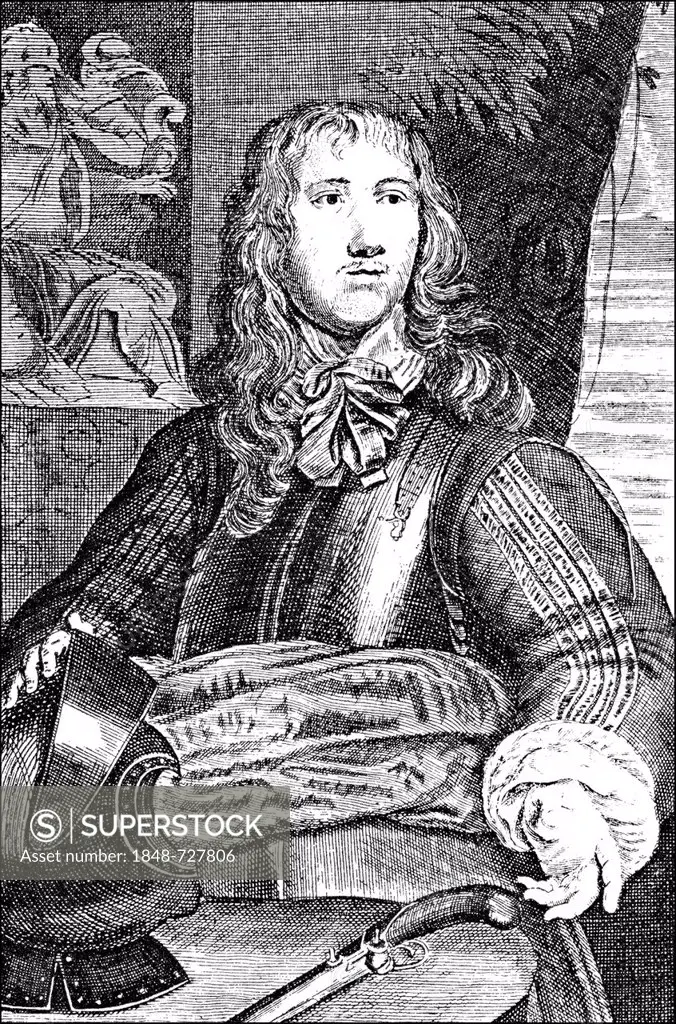 Historic drawing, portrait of Sir Charles Lucas, 1613 - 1648, an English soldier and commander in the English Civil War
