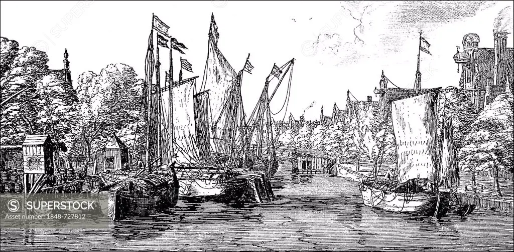 Historic drawing, a Dutch canal with a fishing fleet in the 17th century