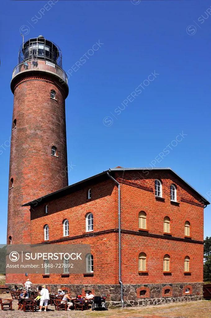 General view of the lighthouse, completed in 1848, against a blue sky, Darsser Ort, Baltic resort of Prerow, Darss, Mecklenburg-Western Pomerania, Ger...
