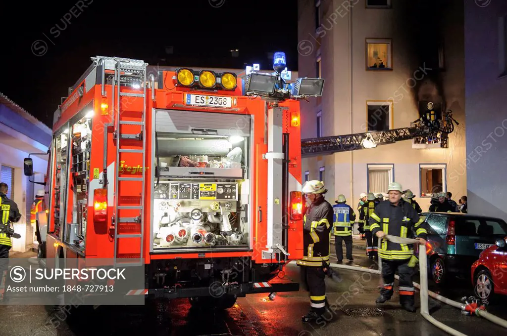 Apartment fire in an apartment building, fire departement, Esslingen, Baden-Wuerttemberg, Germany, Europe