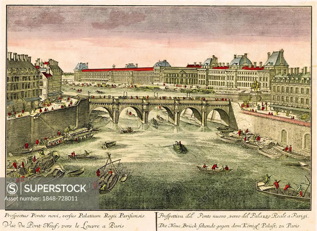Historical view of Paris, circa 1740, Pont Neuf and the Louvre, Seine river, entitled: Prospectus Pontis novi, versus pontis Regii, Parisiensis