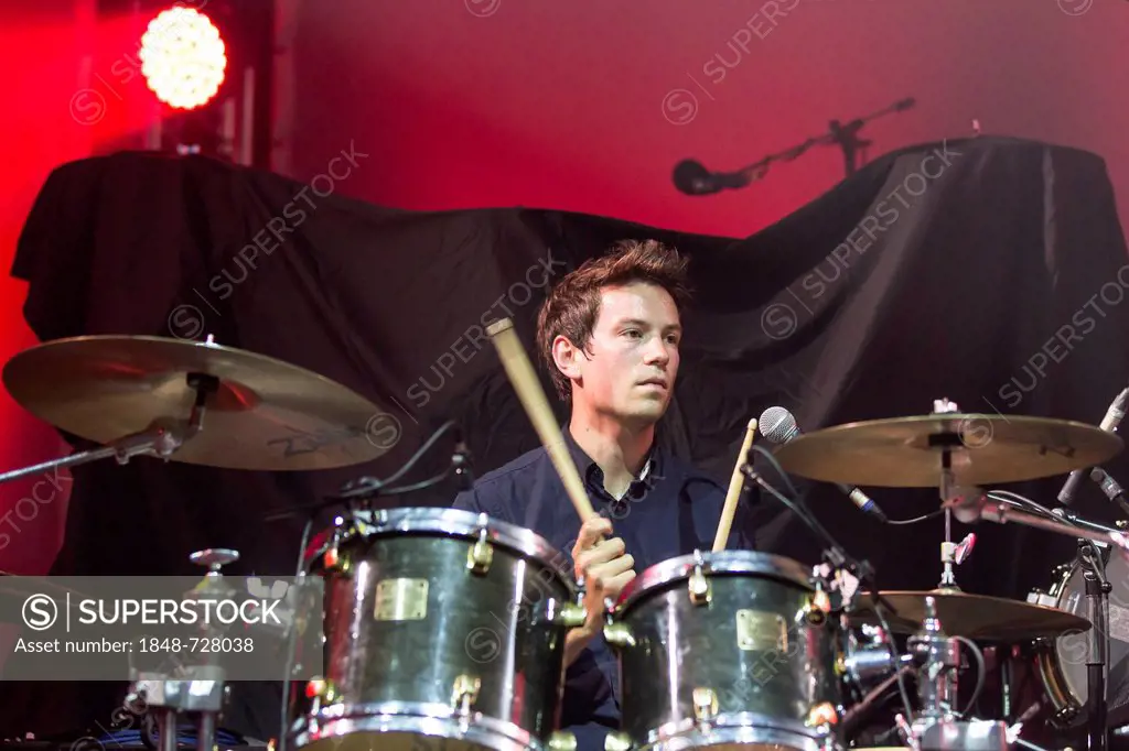 Will Heaney, drummer of the British band All The Young playing live at the Luzernersaal concert hall of the Lucerne Culture and Congress Centre, KKL, ...