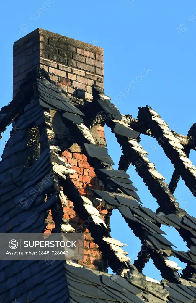 Burnt out roof, Saxony, Germany, Europe