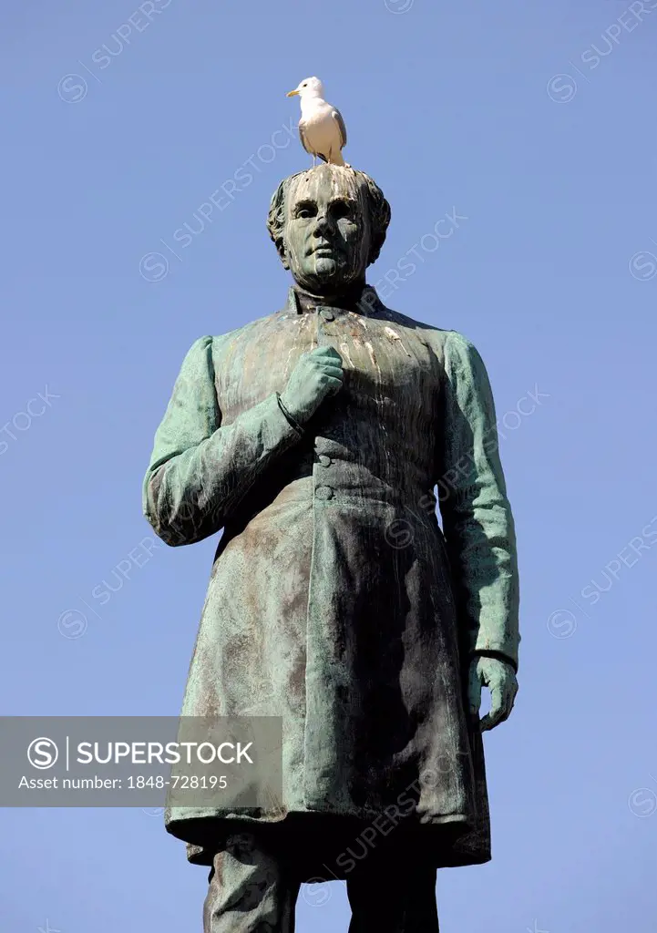 Statue of Johann Ludwig Runeberg, with pigeon on head, Helsinki, Finland, Europe